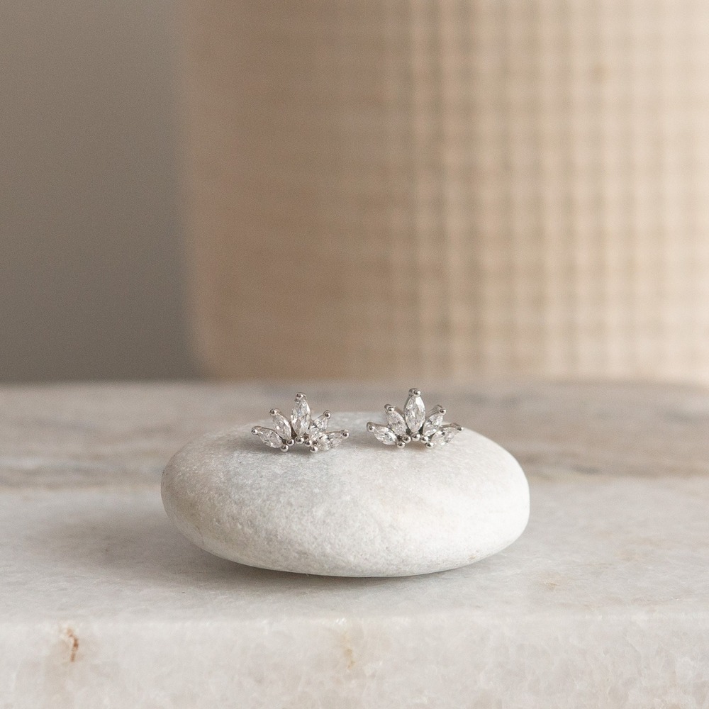 Sterling Silver Foral Stud Earrings | Elegant CZ Crystal Earrings